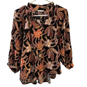 Christian Siriano Black Floral Print V-Neck Long Sleeve Blouse Women's Size M